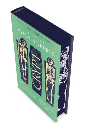 The independent bookshop edition of Crypt by Alice Roberts with a sprayed edge with a skeleton design