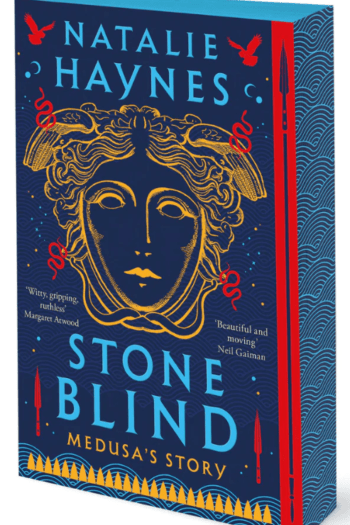 Book cover showing sprayed edges of Stone Blind by Natalie Haynes